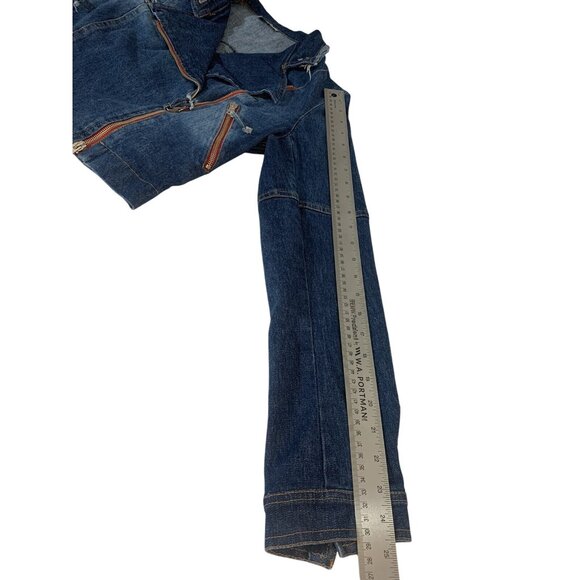 Cropped Moto Denim Jacket With Asymmetrical Zipper For Women Size 6 Small - Picture 8 of 9